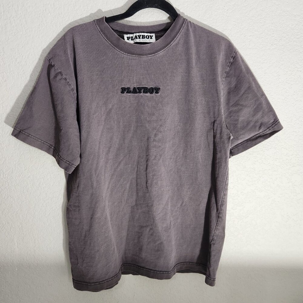 Playboy By PacSun Mens Washed Gray Graphic T-Shirt Crewneck Cotton Casual Size M